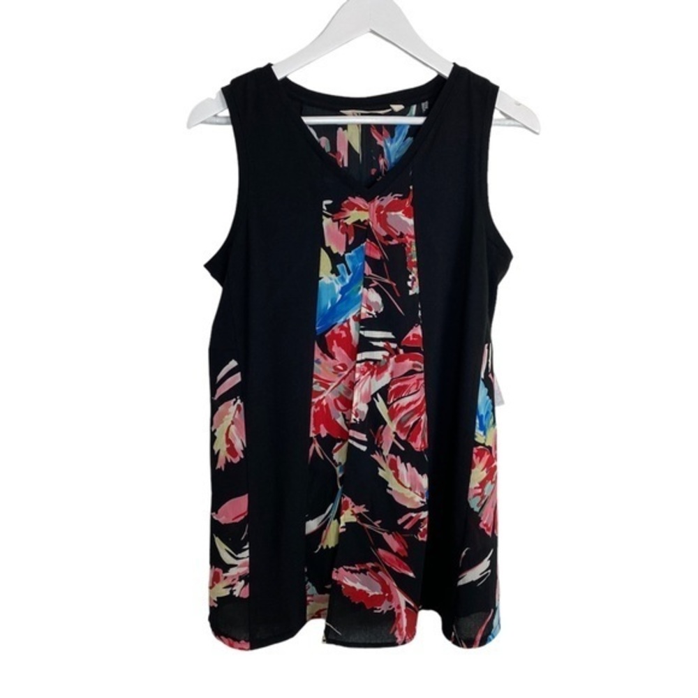 Soft Surroundings Sleeveless Black Fuchsia Floral Tropical Print Blouse Size M